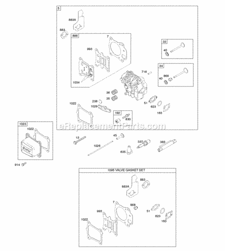 Cylinder Head Gasket Set-Valves Valves Diagram and Parts List for 121R02-0111-F1  Briggs and Stratton Engine